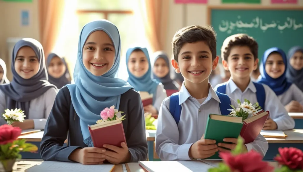 عکس تعدادی دانش آموز در روز دانش آموز به همراه هدیه هایشان تصویر شاخص تاریخچه روز دانش آموز