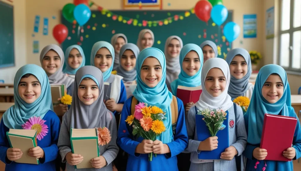 تصویر تعداد زیادی دانش آموز در روز دانش آموز به همراه کادو