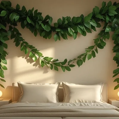 ریسه برگ در اتاق دو نوار ریسه برگ در اتاق خواب با تخت کرم رنگ