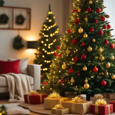 دکور درخت کریسمس مصنوعی عکس چند تا کاج با جینگیلی های کنارش