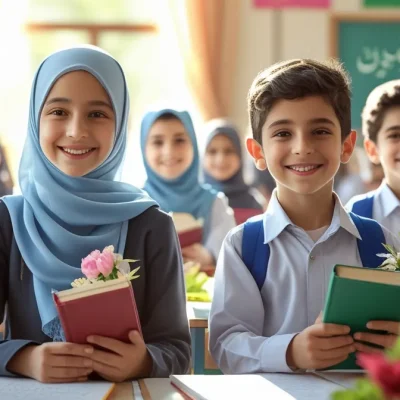 عکس تعدادی دانش آموز در روز دانش آموز به همراه هدیه هایشان تصویر شاخص تاریخچه روز دانش آموز