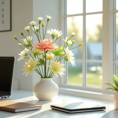 گل مصنوعی برای محل کار تصویر دو عدد گل مصنوعی روی میز کار